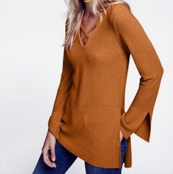 Free People Crisscross Tunic Sweater Orange Small Linen Blend - Picture 2 of 7
